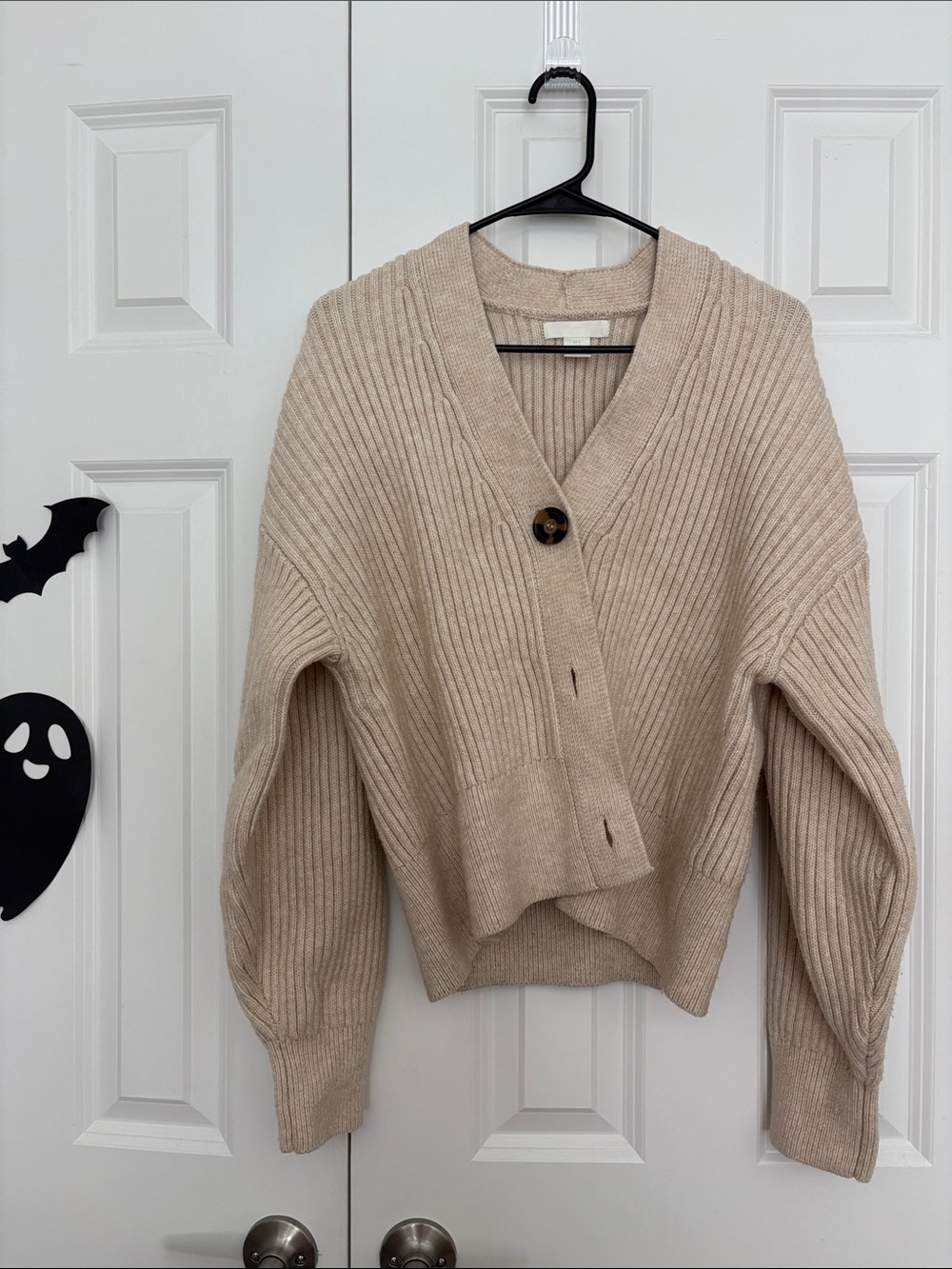 Ribbed V-Neck Button Front Sweater Cardigan - Beige